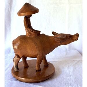 Vintage Hand Carved IronWood Water Buffalo‎ Man Riding Figurine Asian Sculpture